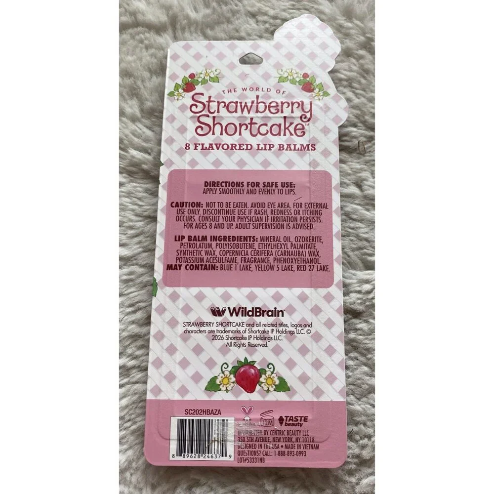 8 Pk  Strawberry Shortcake Flavored Lip Balms Cherry Vanilla Blueberry Lemon NEW